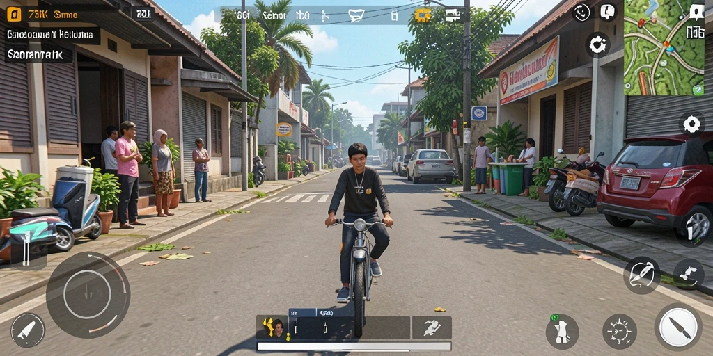 Screenshot gameplay yang menampilkan interaksi karakter dalam 73K.