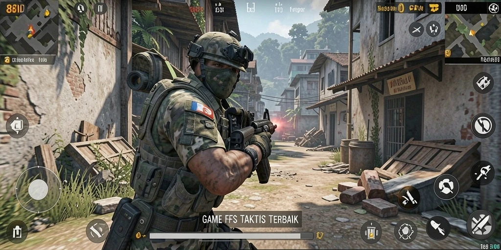 Screenshot utama 88ID menunjukkan aksi tembak-menembak yang intens.