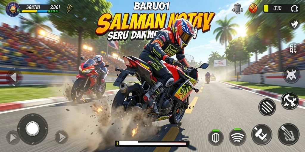 Tampilan gameplay seru dari BARU01 dengan balapan motor yang dramatis.