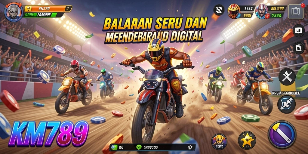 Screenshot utama KM789 menunjukkan balapan seru dengan mobil yang melaju kencang di trek.
