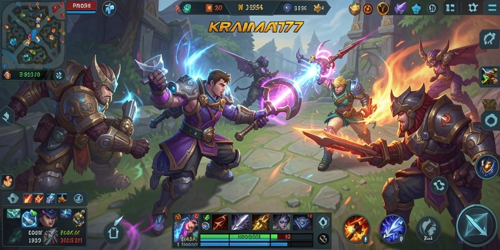 Screenshot KRAMAT77 menampilkan pertempuran MOBA yang epik.