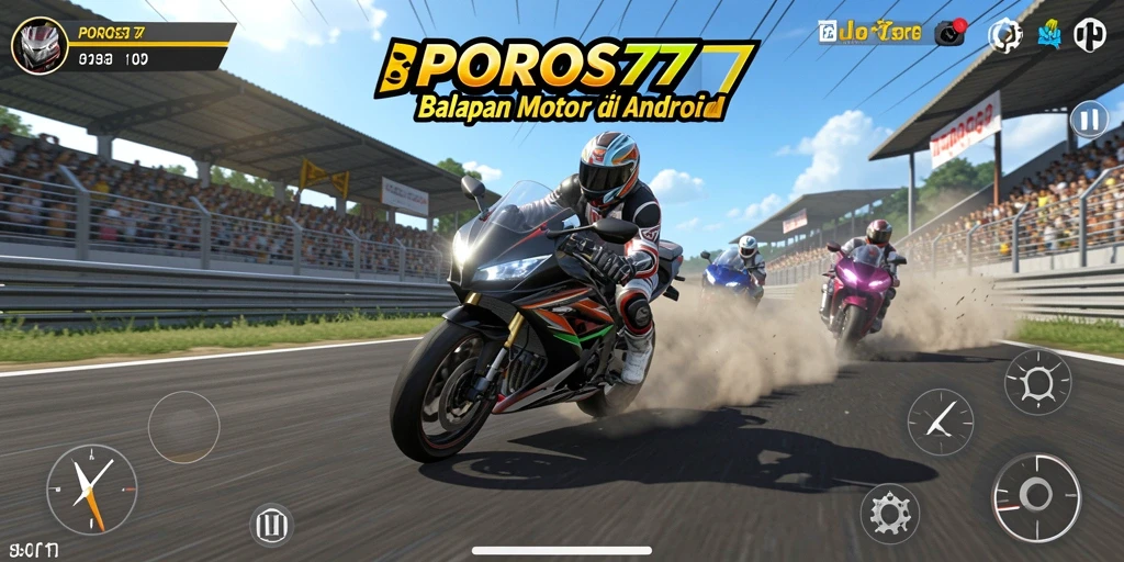 Tampilan gameplay POROS77 dengan motor balapan yang cepat.